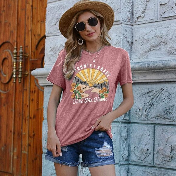 🆕 Women Pink Country Roads Take Me Home Top Short Sleeve Graphic Tees T Shirts - Picture 2 of 5